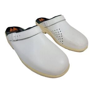 Women Bastad Original White  Perforated Leather Wooden Clogs Mules sz 41 : 10.5